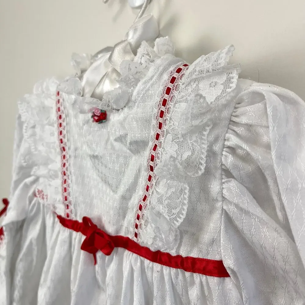 Vintage Winnie the Pooh White Lace Red Ribbon Bow Dress 3T USA